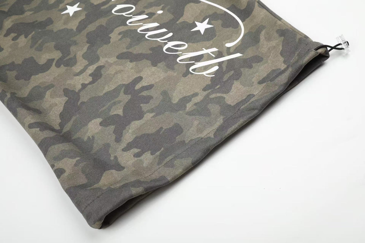 Camo Cursive Script Print Wide-Leg Sweatpants