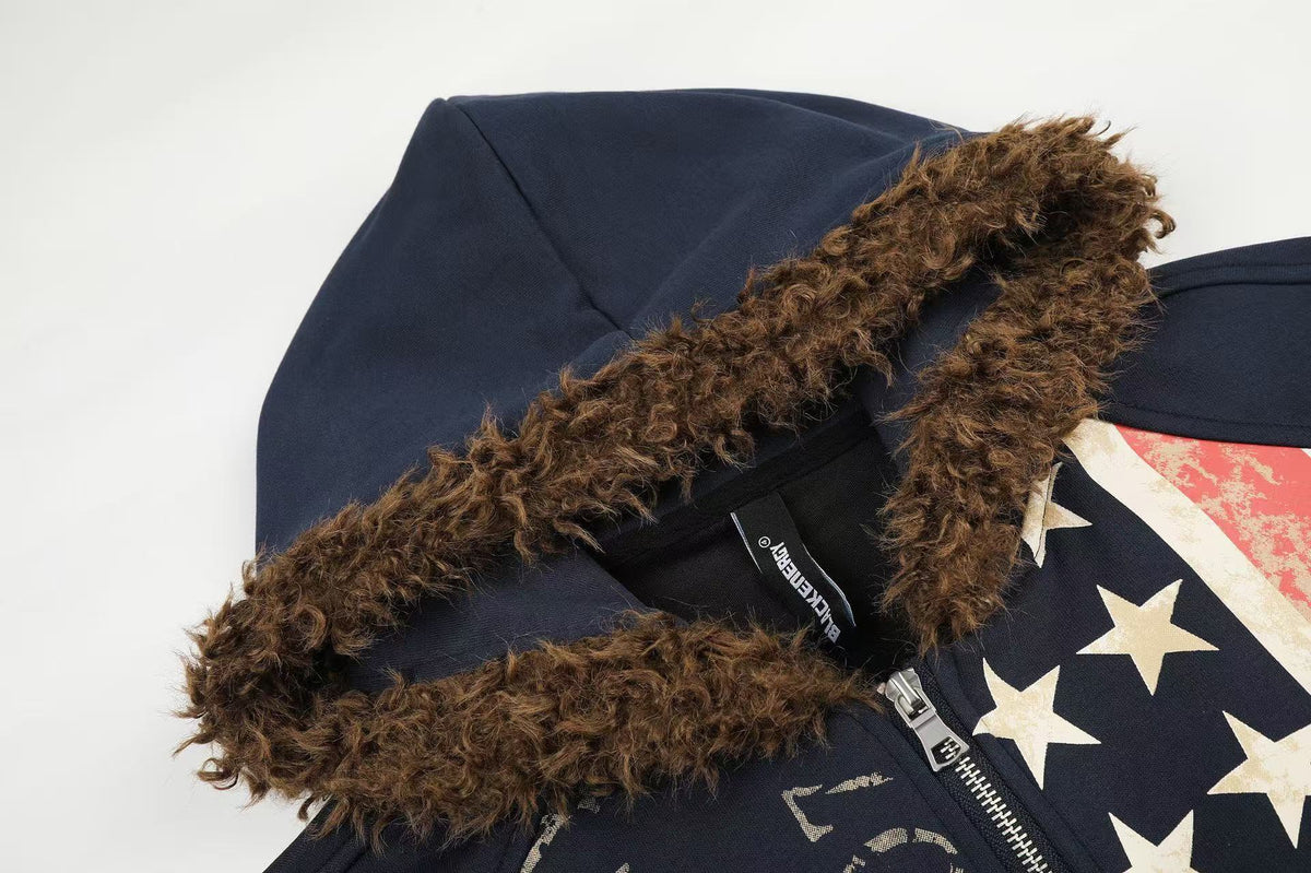 Vintage Union Flag Faux Fur Zip Up Hooded