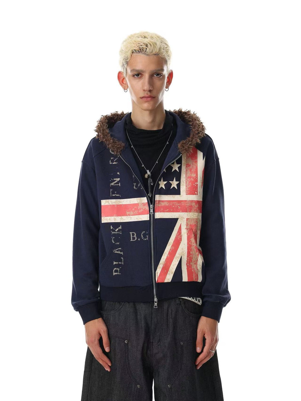 Vintage Union Flag Faux Fur Hooded Zip Up Jacket