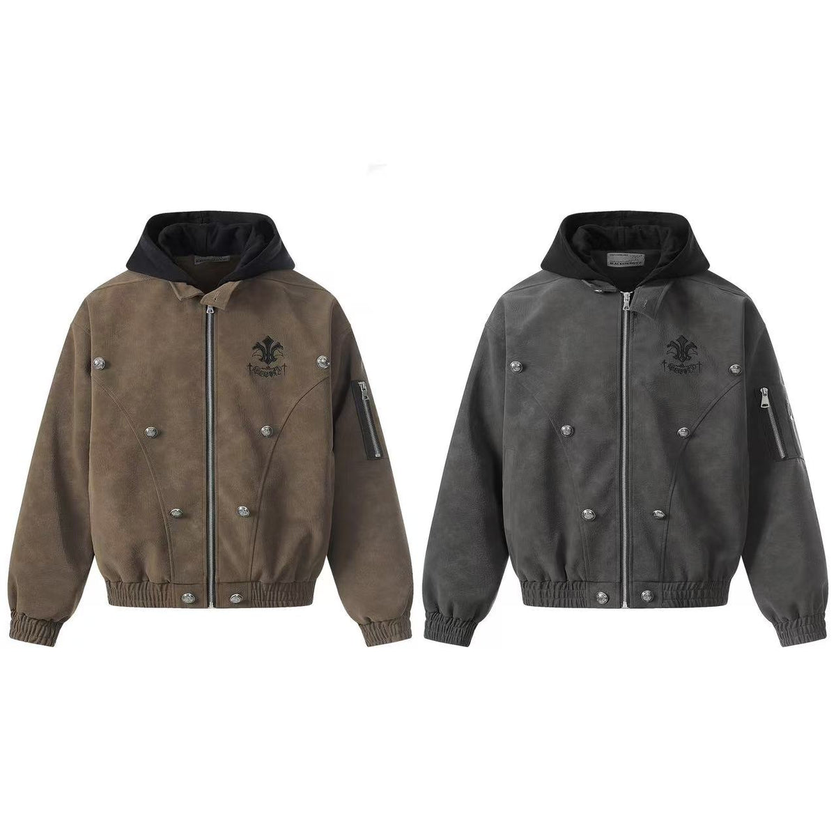 Fleur-de-lis Embroidery Detachable Hood Faux Leather Bomber Jacket