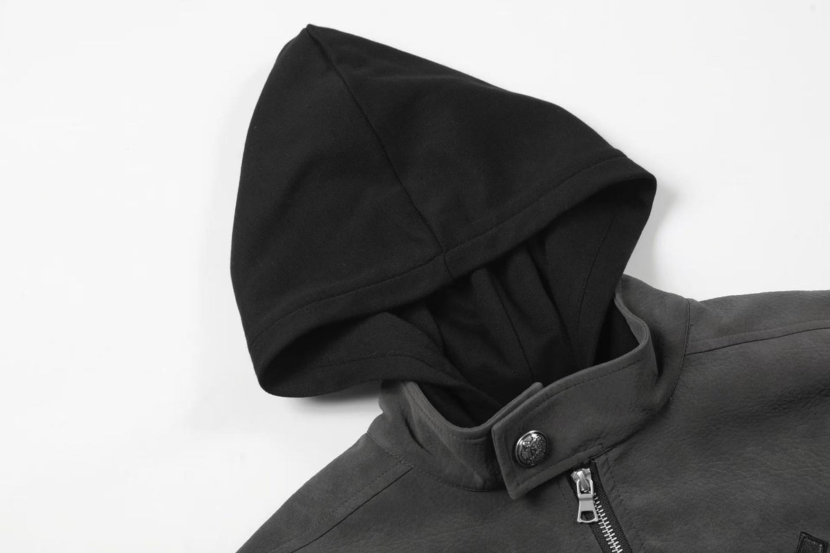 Fleur-de-lis Embroidery Detachable Hood Faux Leather Bomber Jacket