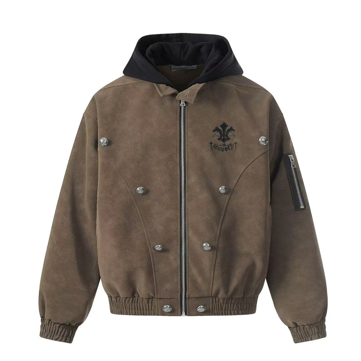 Fleur-de-lis Embroidery Detachable Hood Faux Leather Bomber Jacket