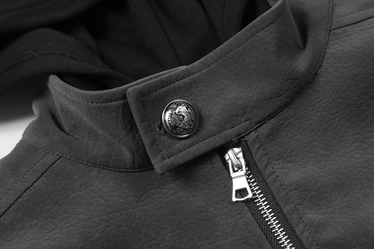 Fleur-de-lis Embroidery Detachable Hood Faux Leather Bomber Jacket