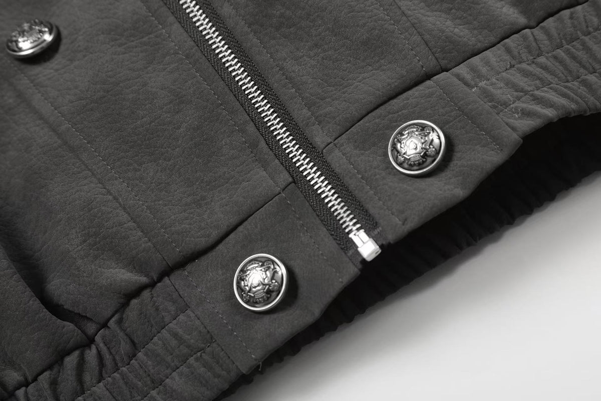 Fleur-de-lis Embroidery Detachable Hood Faux Leather Bomber Jacket