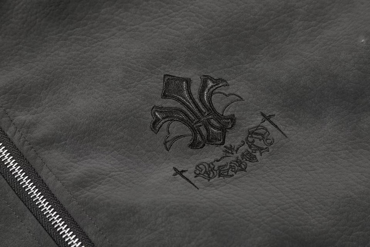 Fleur-de-lis Embroidery Detachable Hood Faux Leather Bomber Jacket