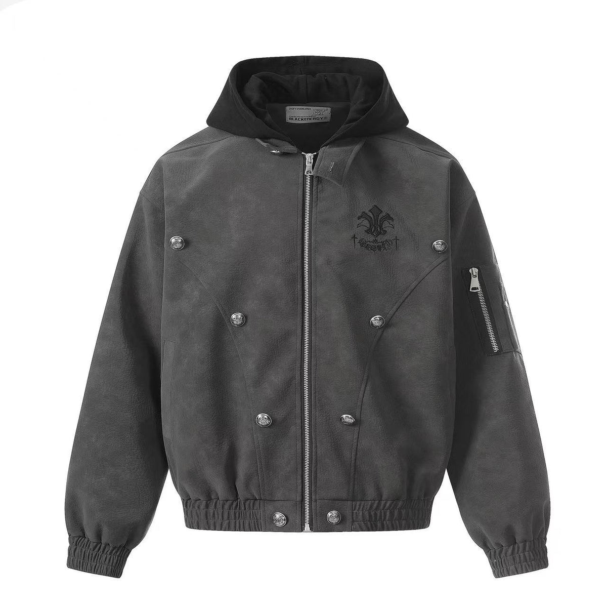 Fleur-de-lis Embroidery Detachable Hood Faux Leather Bomber Jacket
