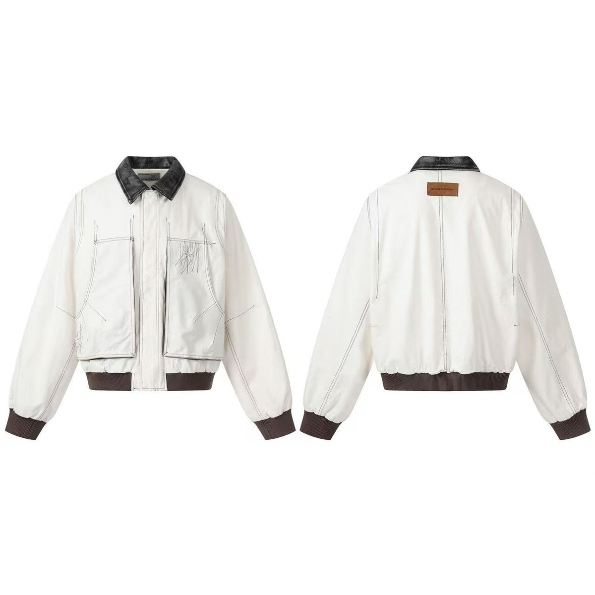Contrast Leather Collar Stitched Line Workwear Bomber Jacket