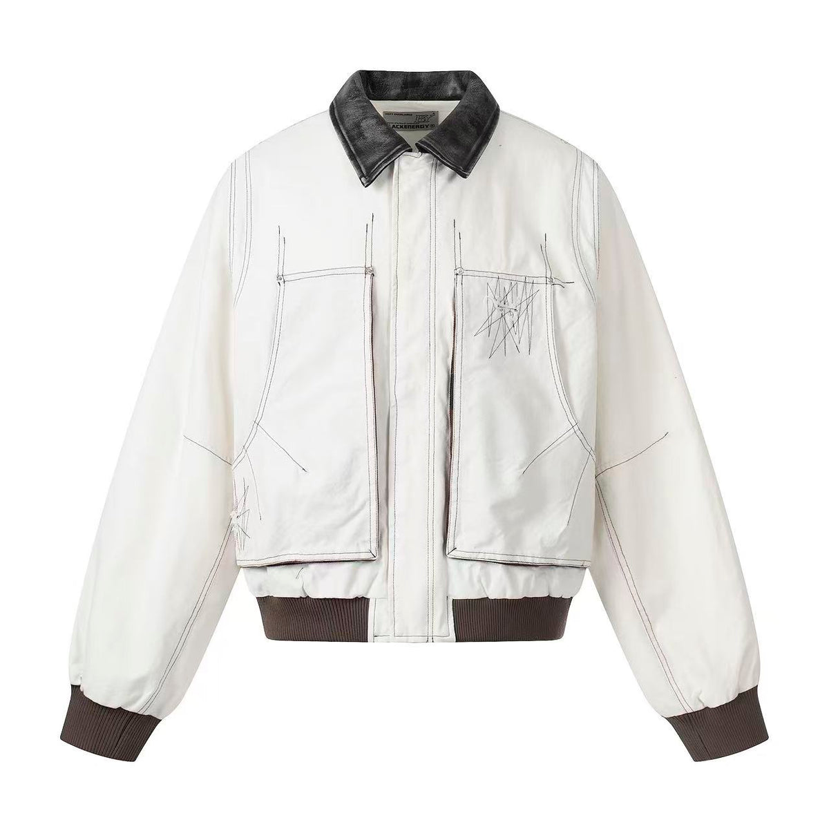 Contrast Leather Collar Stitched Line Workwear Bomber Jacket