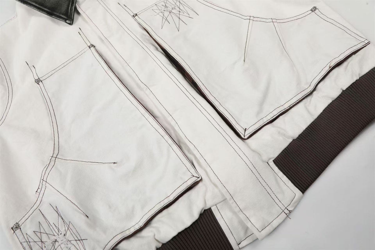 Contrast Leather Collar Stitched Line Workwear Bomber Jacket