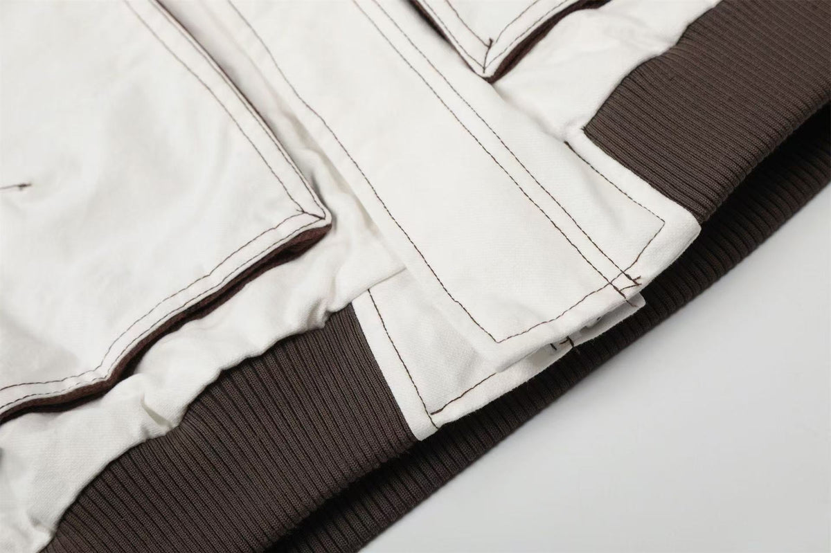 Contrast Leather Collar Stitched Line Workwear Bomber Jacket