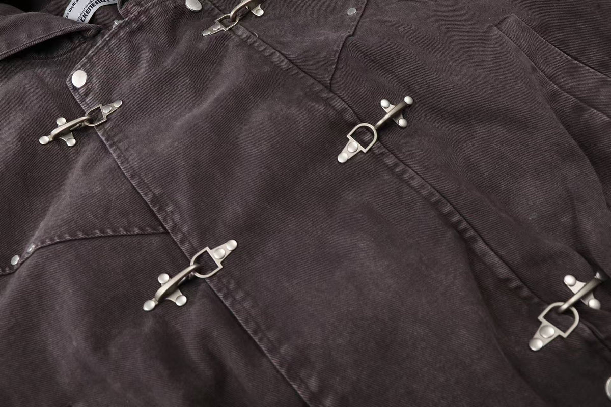 Washed Vintage Metal Buckle Hooded Cropped Jacket