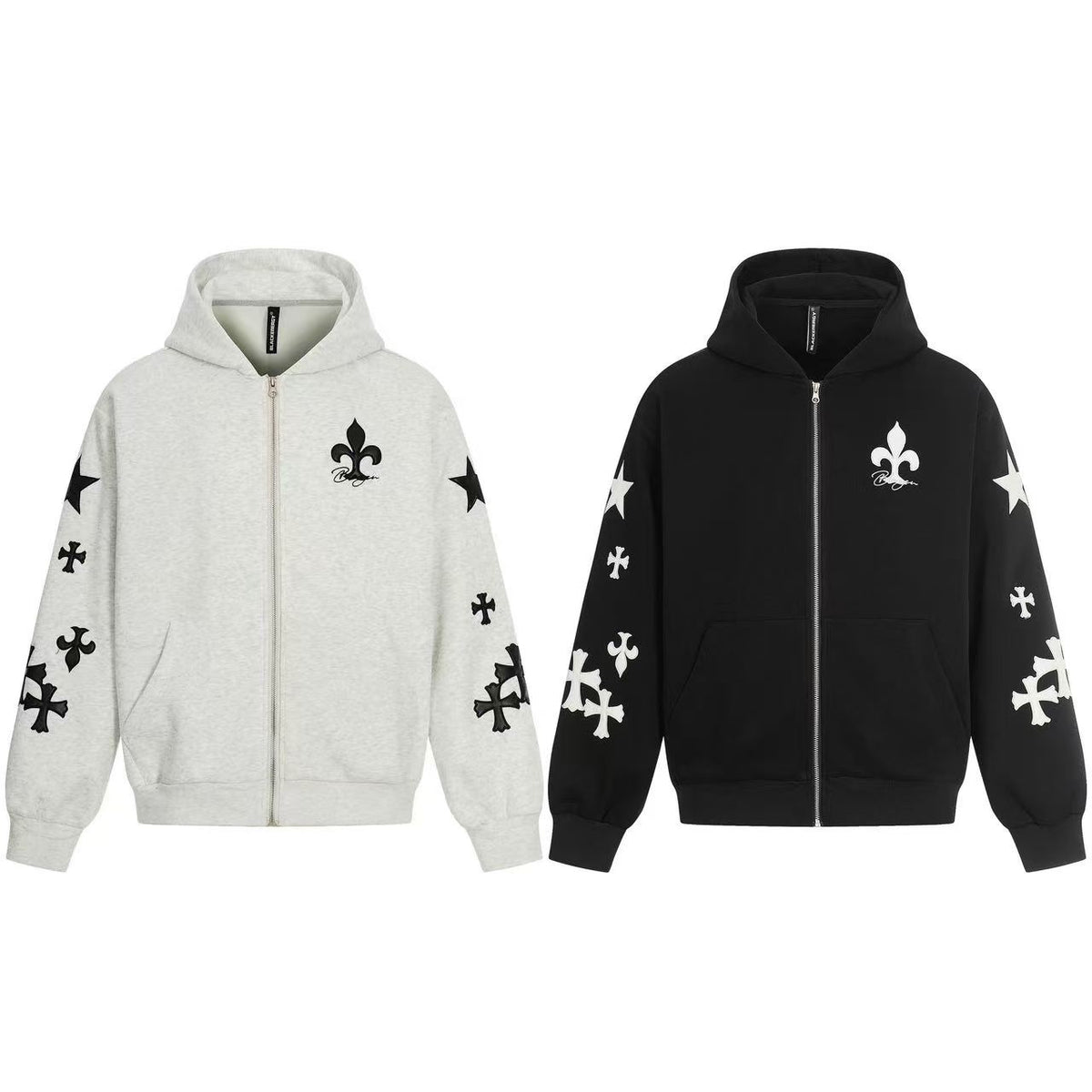 Cross & Fleur-de-lis Patch Full Zip Hoodie