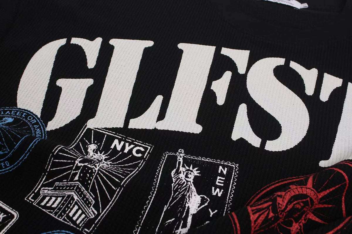Vintage NYC Stamp Statue of Liberty Graphic Waffle Knit Long Sleeve