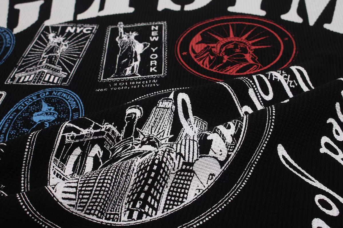 Vintage NYC Stamp Statue of Liberty Graphic Waffle Knit Long Sleeve