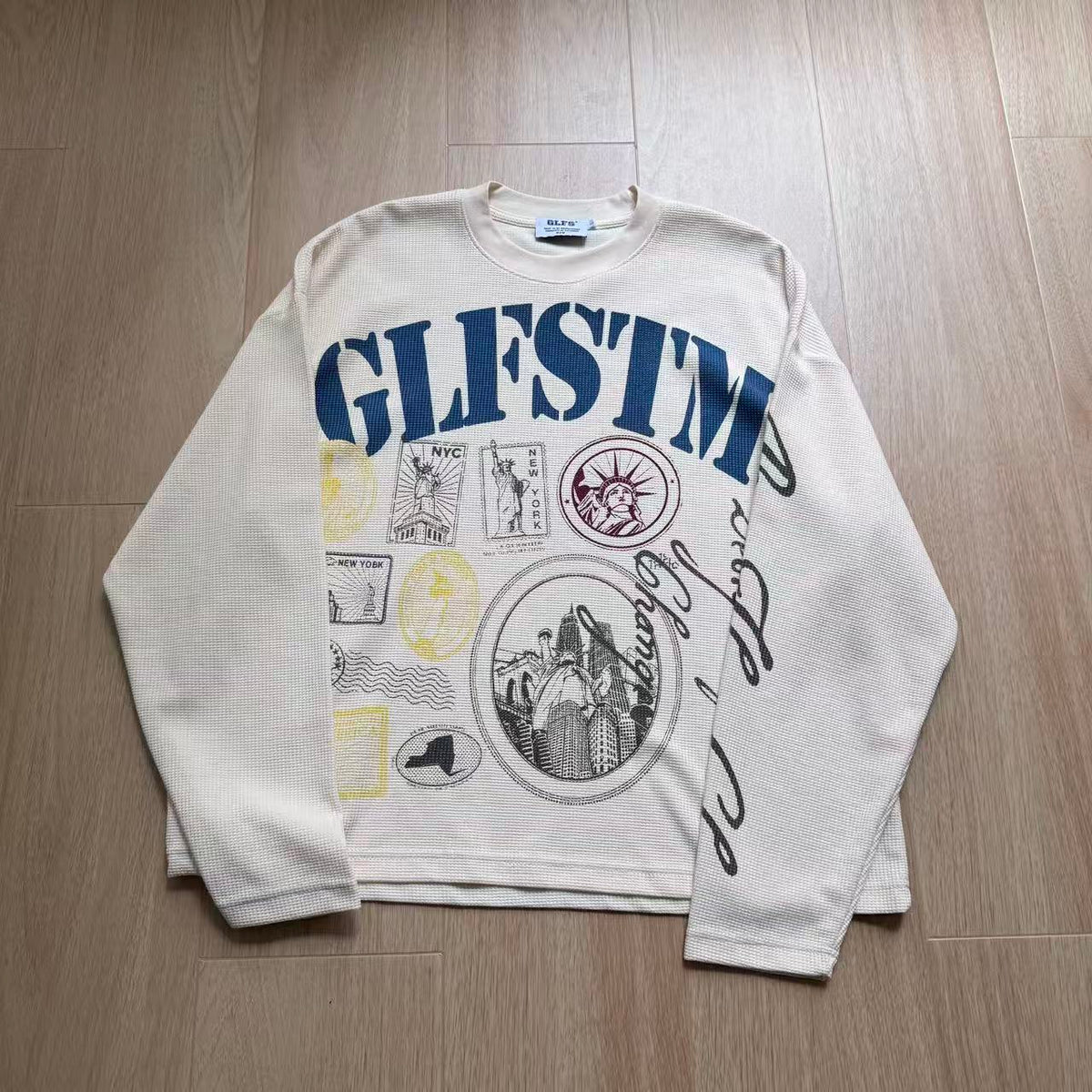 Vintage NYC Stamp Statue of Liberty Graphic Waffle Knit Long Sleeve