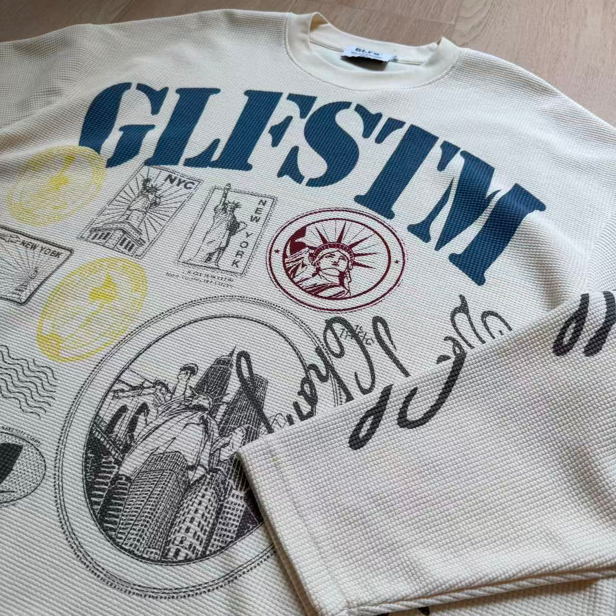 Vintage NYC Stamp Statue of Liberty Graphic Waffle Knit Long Sleeve