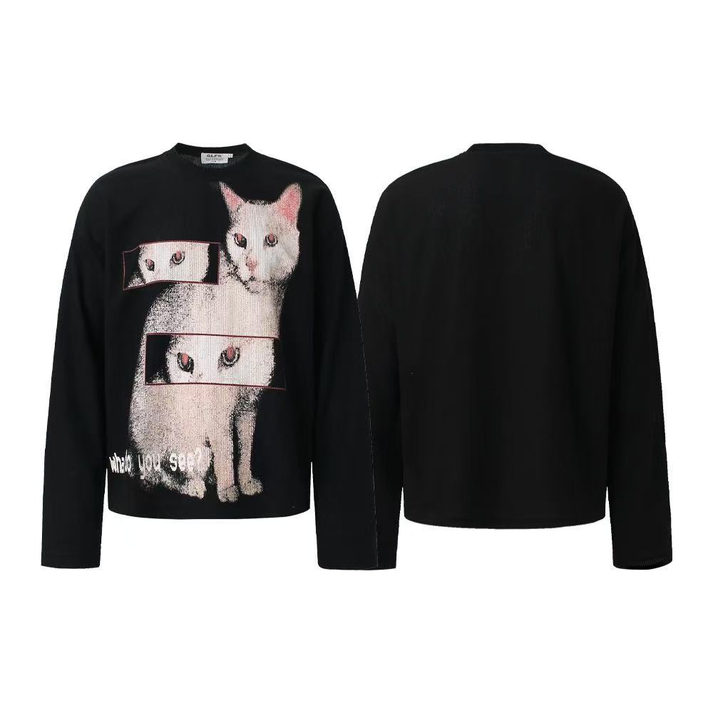 Distorted Cat Graphic Waffle Knit Long Sleeve