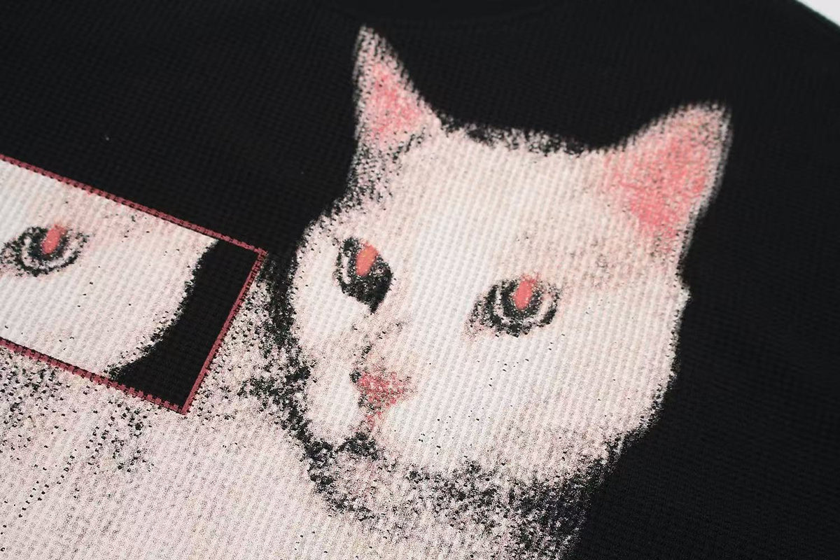 Distorted Cat Graphic Waffle Knit Long Sleeve