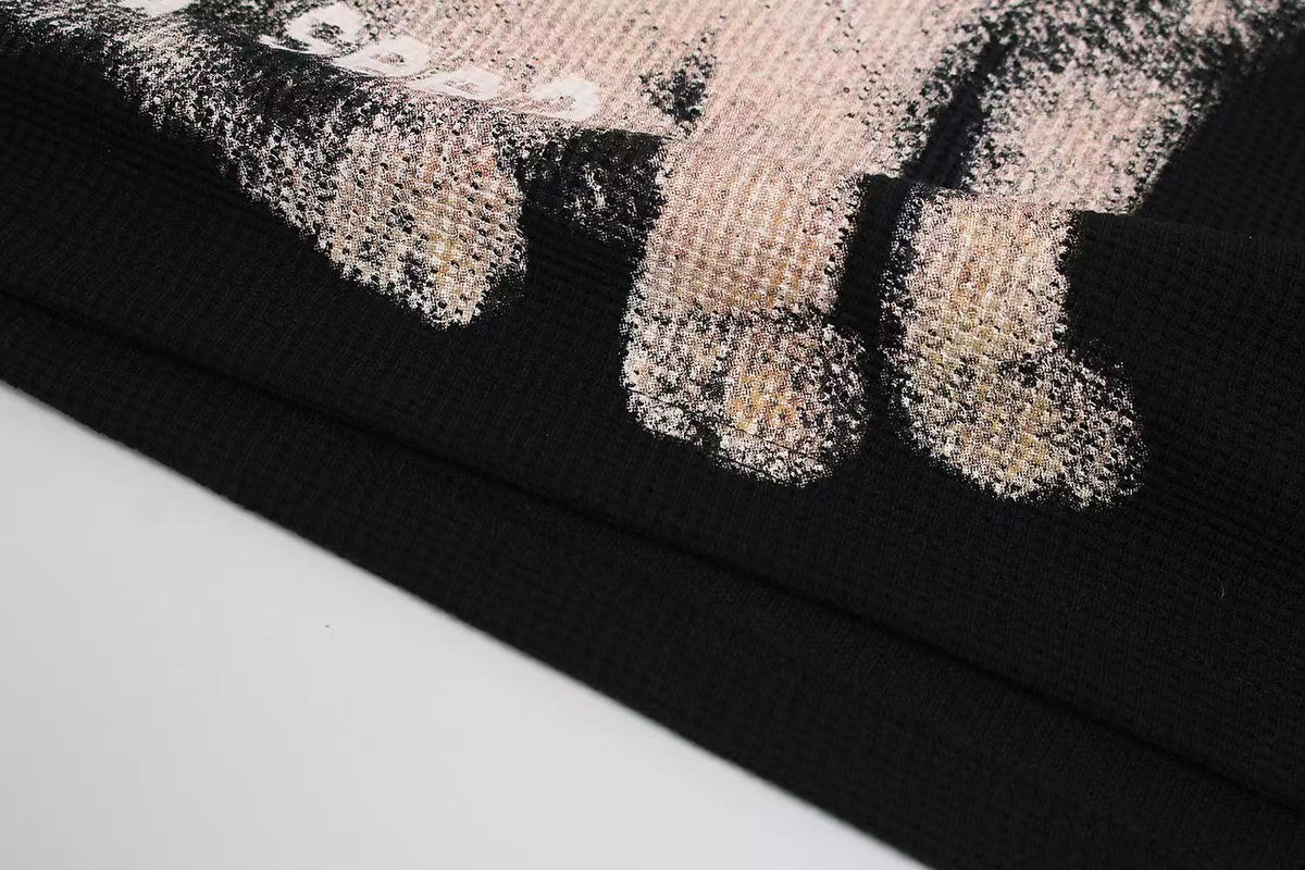 Distorted Cat Graphic Waffle Knit Long Sleeve
