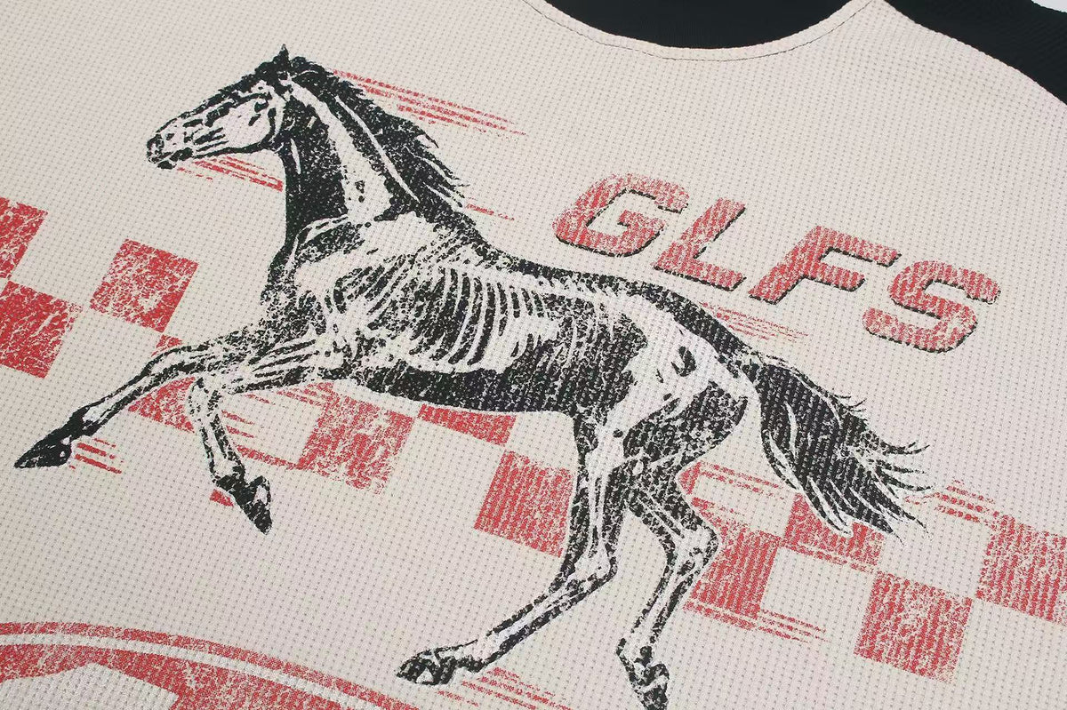 Color Block Skeleton Horse Racing Graphic Waffle Knit Long Sleeve