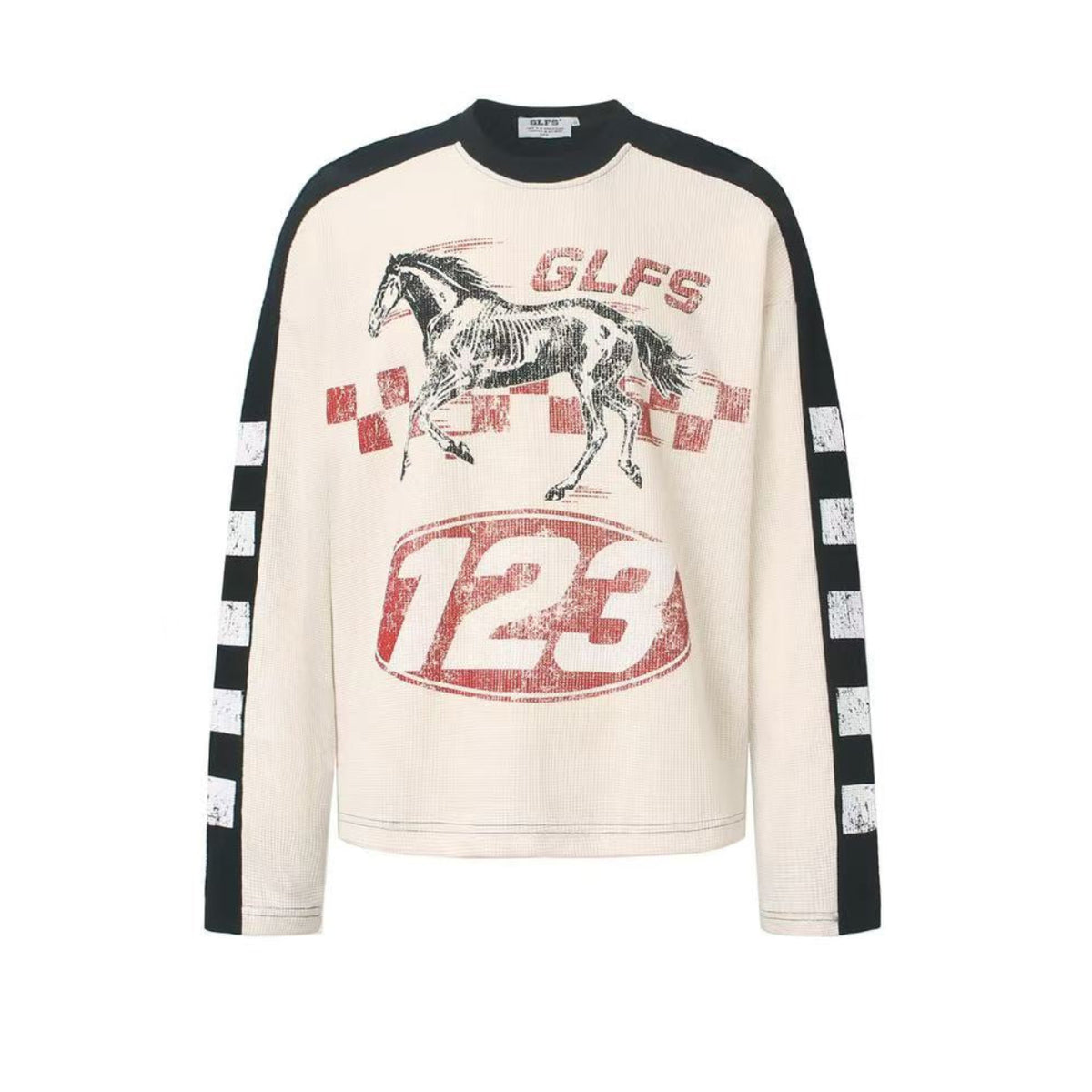 Color Block Skeleton Horse Racing Graphic Waffle Knit Long Sleeve