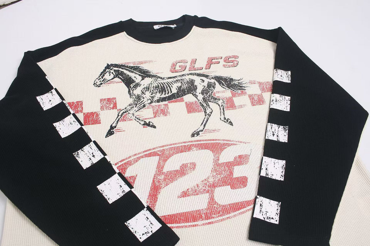 Color Block Skeleton Horse Racing Graphic Waffle Knit Long Sleeve
