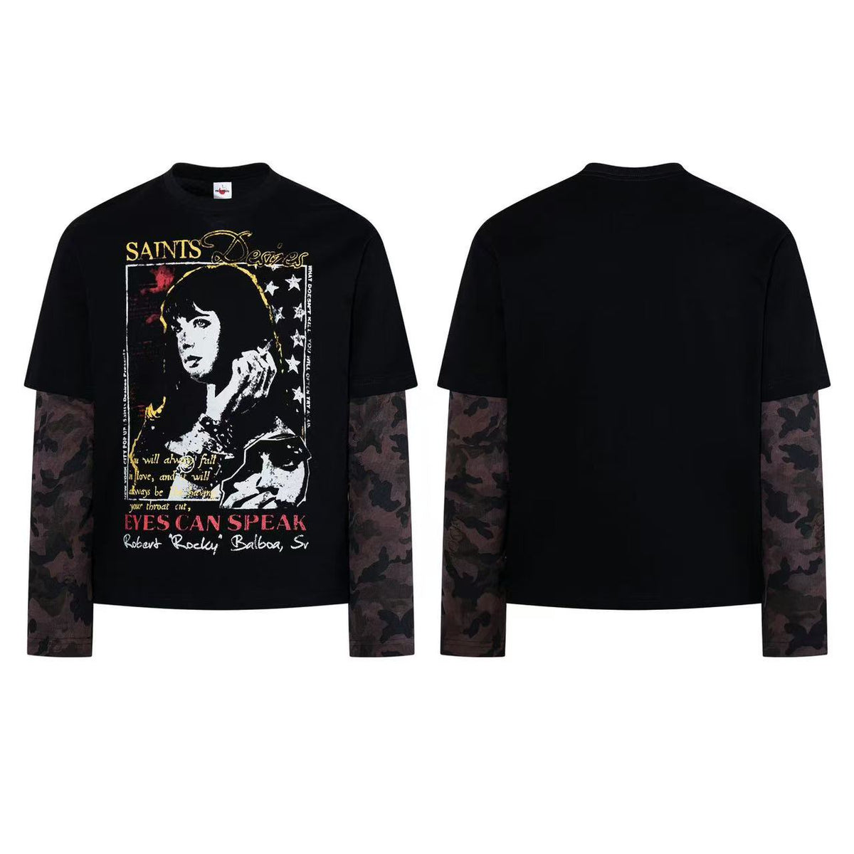 Vintage Poster Portrait Camo Sleeve Fake Two-Piece Long Sleeve