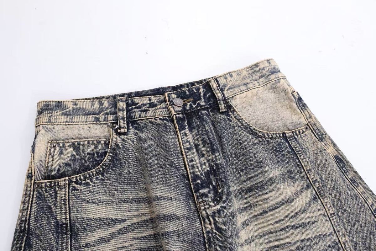 Vintage Washed Graffiti Number Print Multi Patch Pocket Baggy Wide Leg Jeans