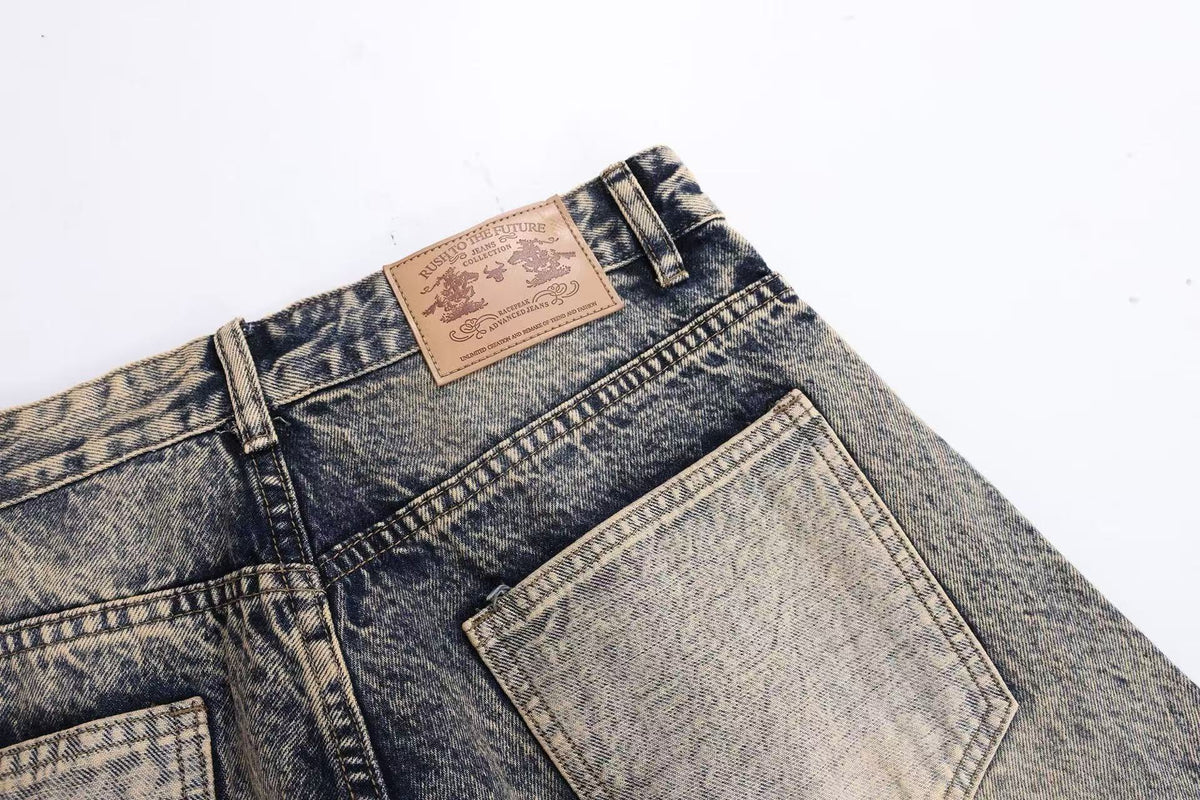 Vintage Washed Graffiti Number Print Multi Patch Pocket Baggy Wide Leg Jeans