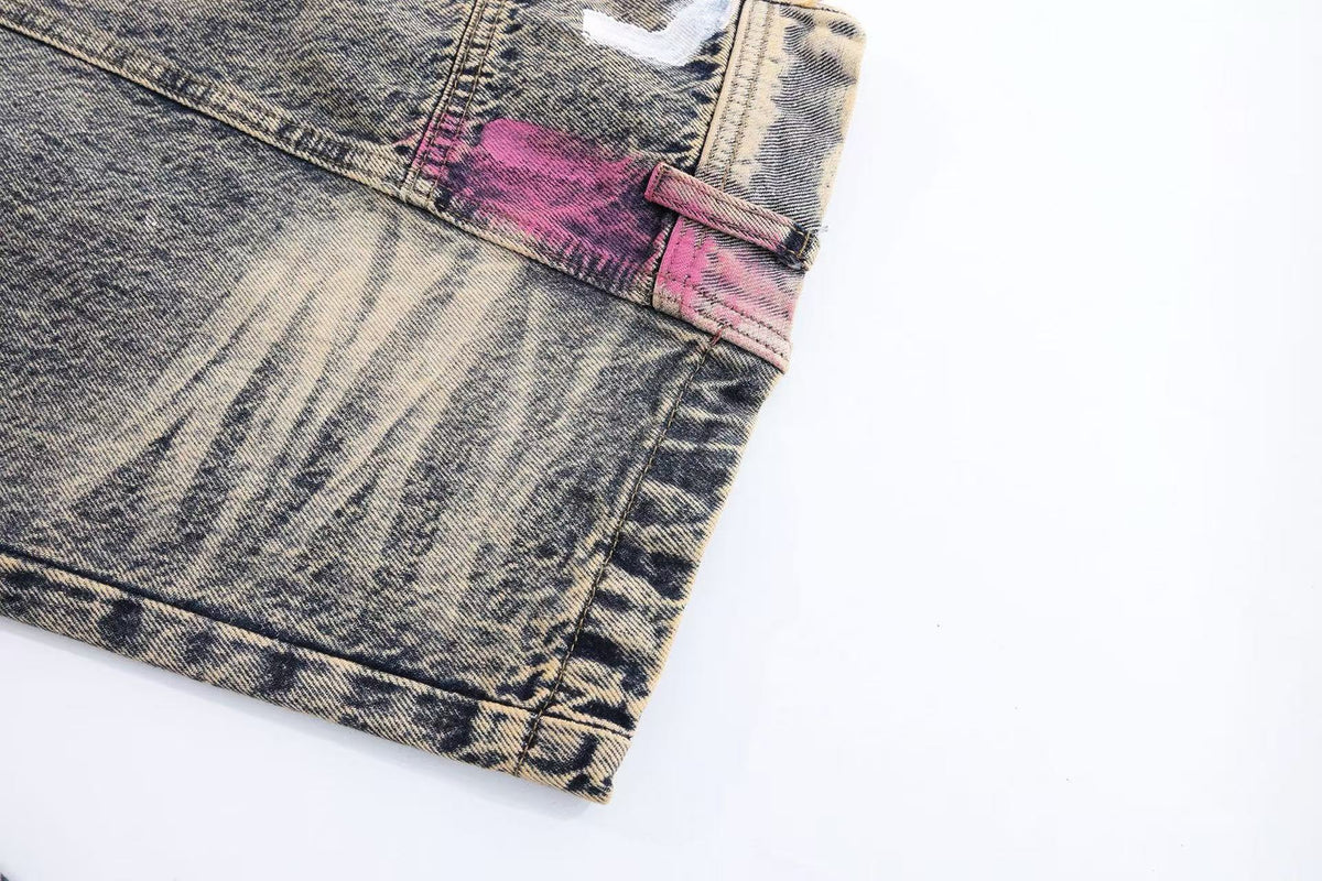 Vintage Washed Graffiti Number Print Multi Patch Pocket Baggy Wide Leg Jeans