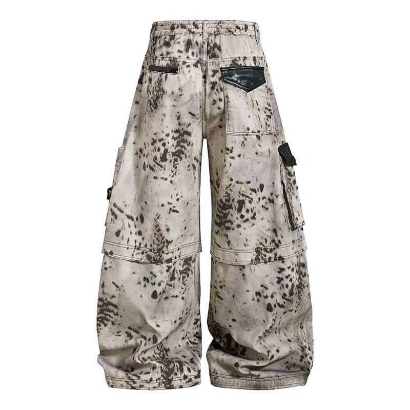 Vintage Speckled Splash Print Multi-Pocket Baggy Wide-Leg Cargo Pants