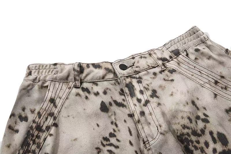 Vintage Speckled Splash Print Multi-Pocket Baggy Wide-Leg Cargo Pants