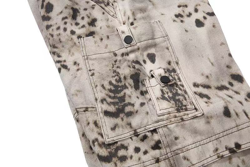 Vintage Speckled Splash Print Multi-Pocket Baggy Wide-Leg Cargo Pants