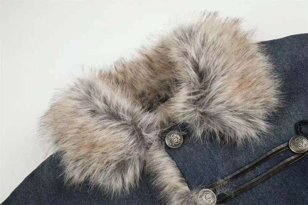 Faux Fur Collar & Frog Toggle Buttons Vintage Washed Denim Jacket