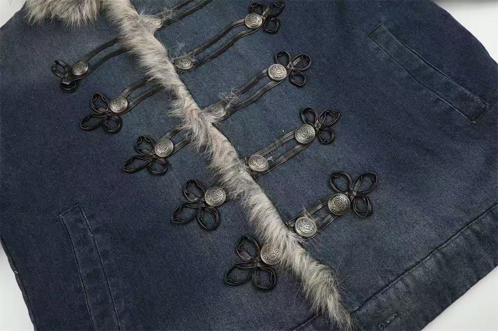 Faux Fur Collar & Frog Toggle Buttons Vintage Washed Denim Jacket