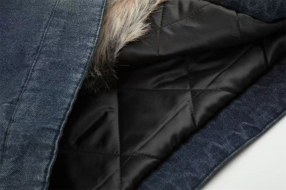 Faux Fur Collar & Frog Toggle Buttons Vintage Washed Denim Jacket