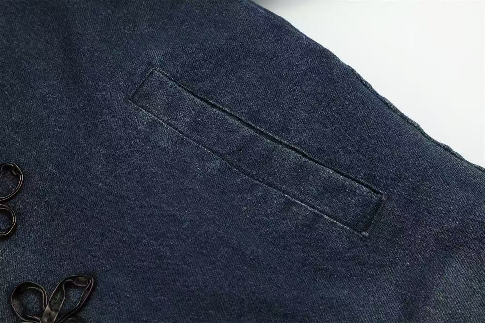 Faux Fur Collar & Frog Toggle Buttons Vintage Washed Denim Jacket