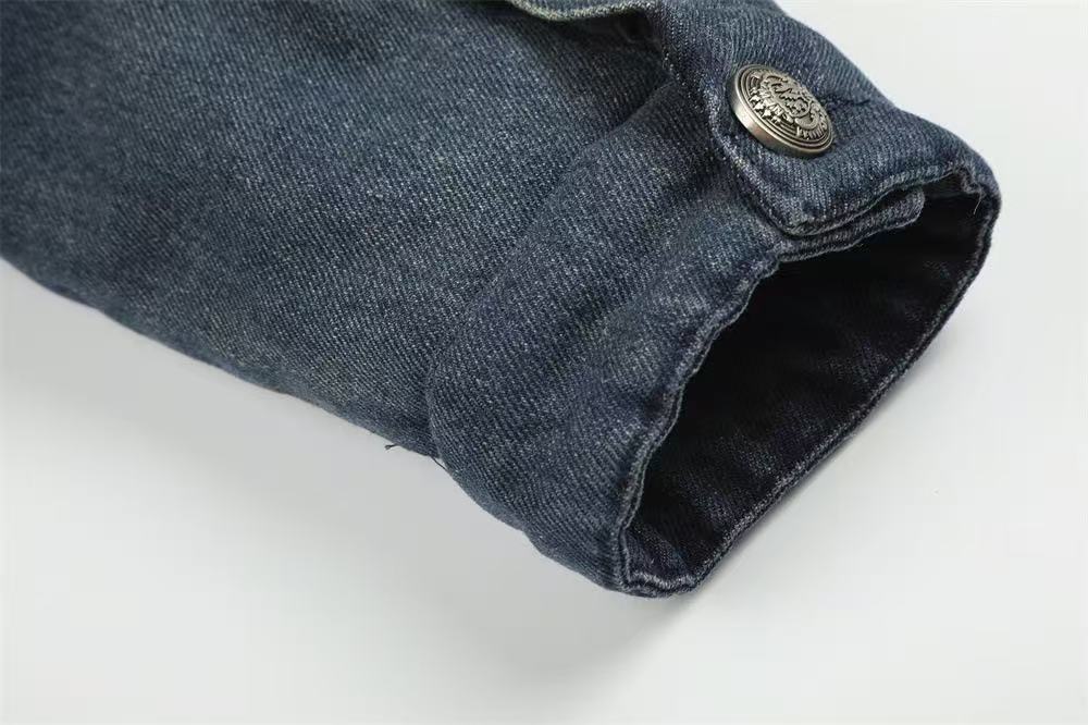 Faux Fur Collar & Frog Toggle Buttons Vintage Washed Denim Jacket