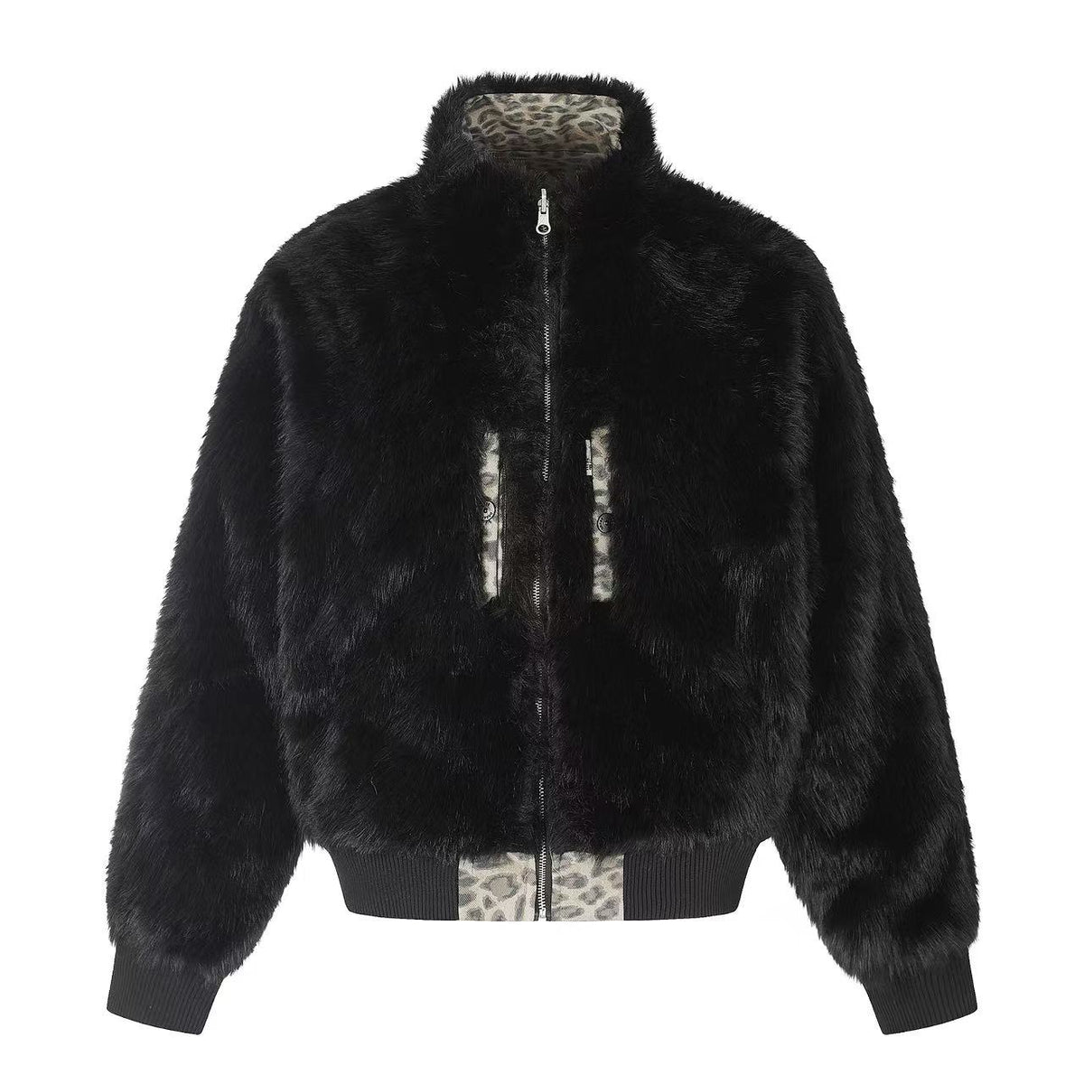 Reversible Leopard Print & Solid Faux Fur Jacket