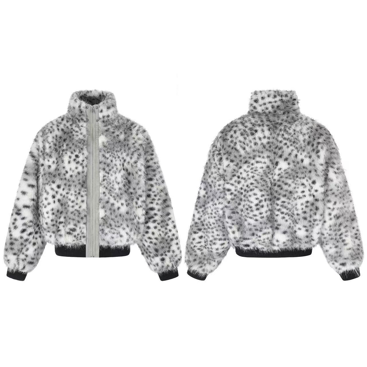Snow Leopard Print Faux Fur Zip Up Stand Collar Bomber Jacket
