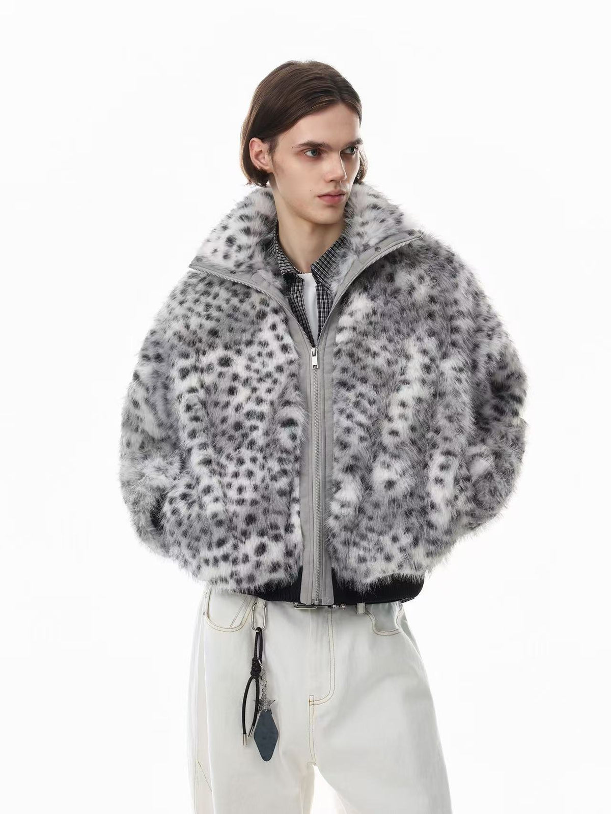 Snow Leopard Print Faux Fur Zip Up Stand Collar Bomber Jacket