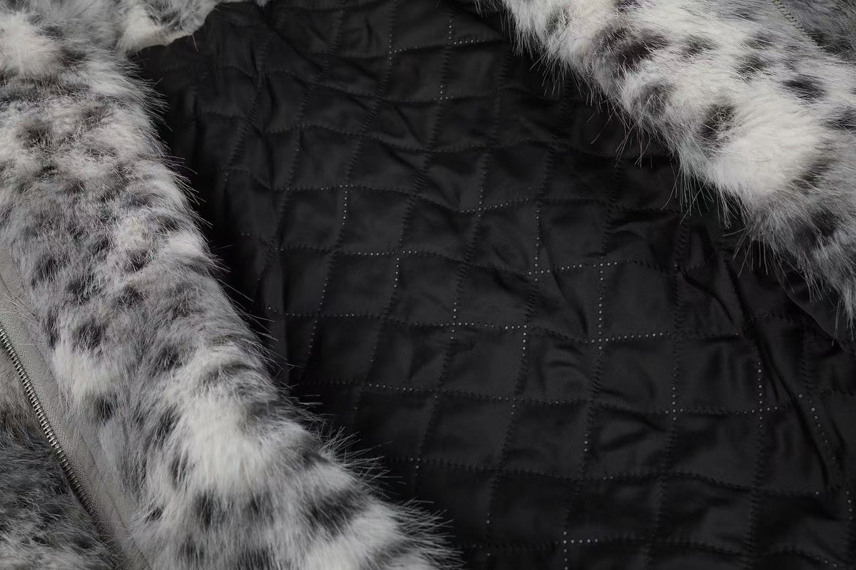 Snow Leopard Print Faux Fur Zip Up Stand Collar Bomber Jacket