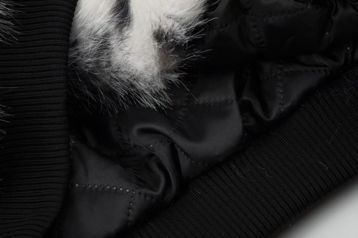 Snow Leopard Print Faux Fur Zip Up Stand Collar Bomber Jacket
