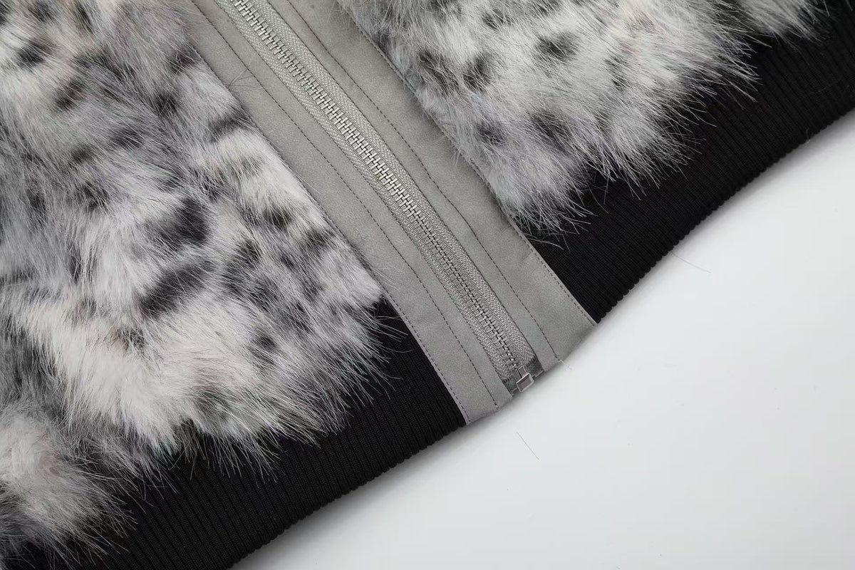 Snow Leopard Print Faux Fur Zip Up Stand Collar Bomber Jacket