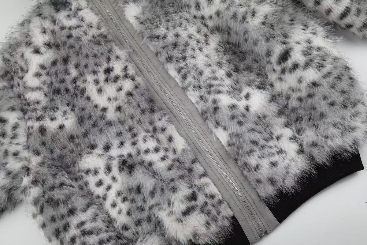 Snow Leopard Print Faux Fur Zip Up Stand Collar Bomber Jacket