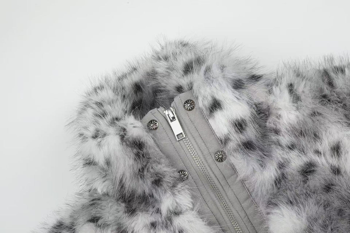 Snow Leopard Print Faux Fur Zip Up Stand Collar Bomber Jacket