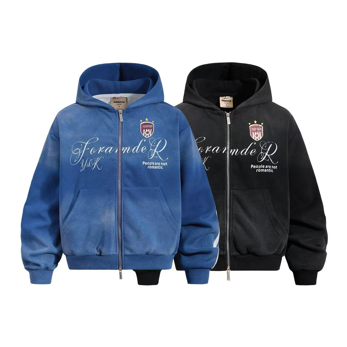 (Pre-Sell)Vintage Washed Distressed Crest Embroidered Letter Print Zip Up Hoodie
