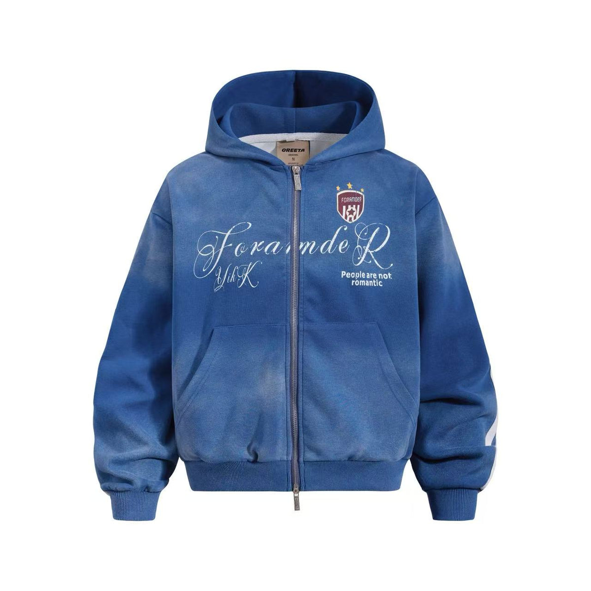 (Pre-Sell)Vintage Washed Distressed Crest Embroidered Letter Print Zip Up Hoodie