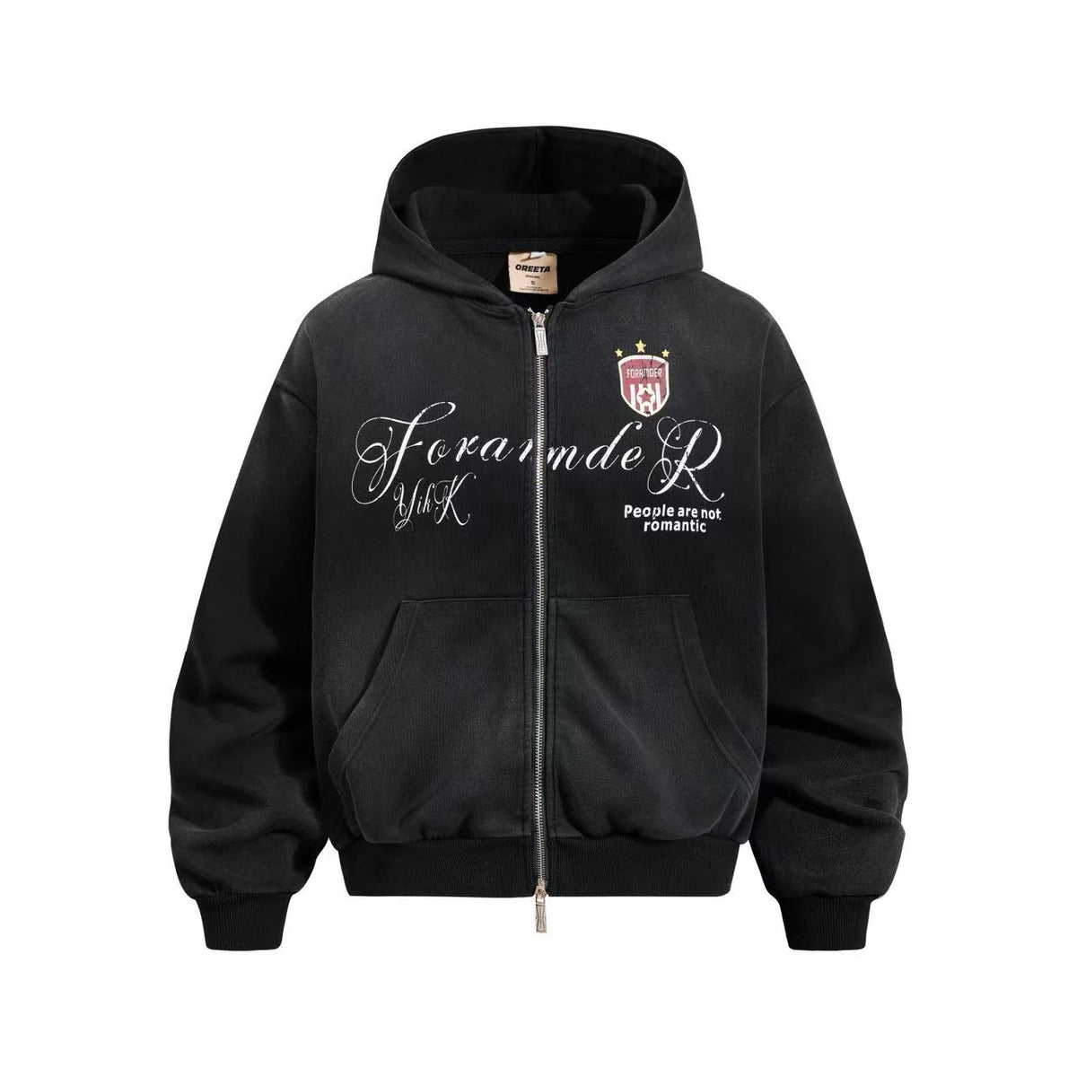 (Pre-Sell)Vintage Washed Distressed Crest Embroidered Letter Print Zip Up Hoodie