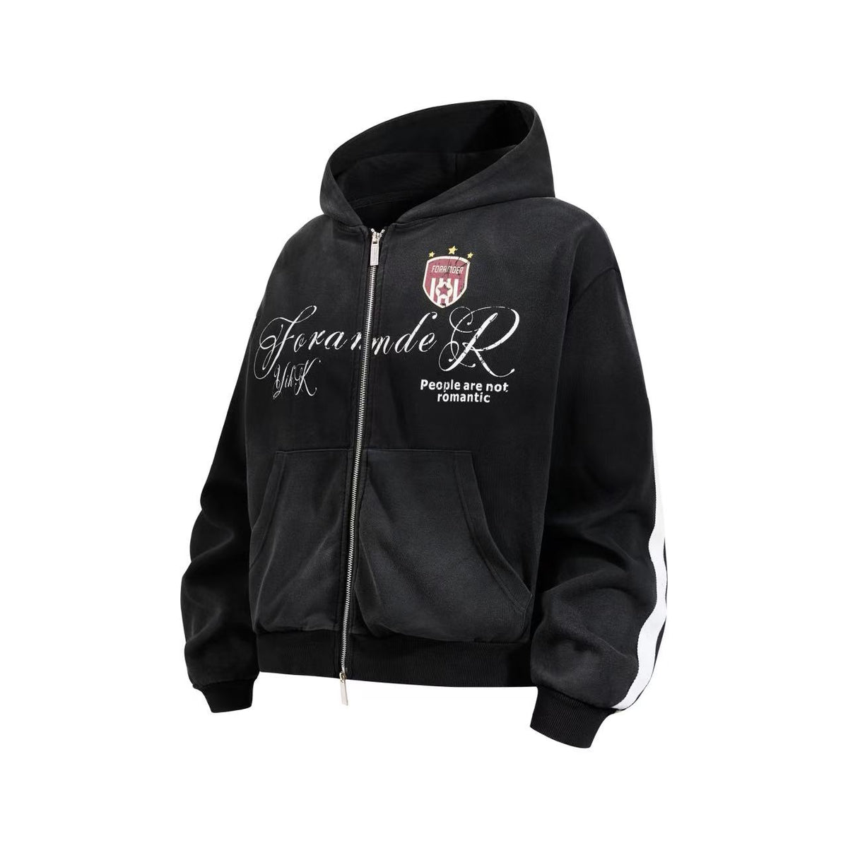(Pre-Sell)Vintage Washed Distressed Crest Embroidered Letter Print Zip Up Hoodie